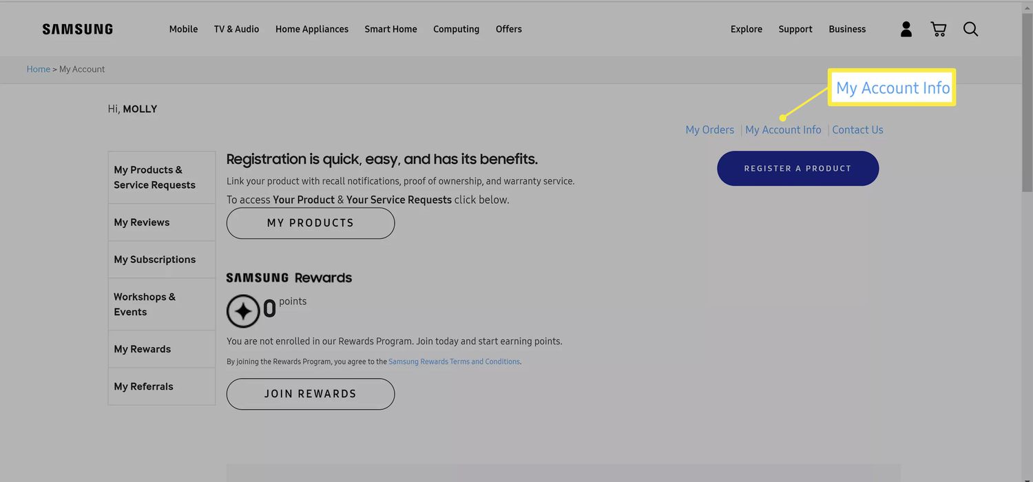 O site da Samsung com a opção 'Informações da minha conta' destacada