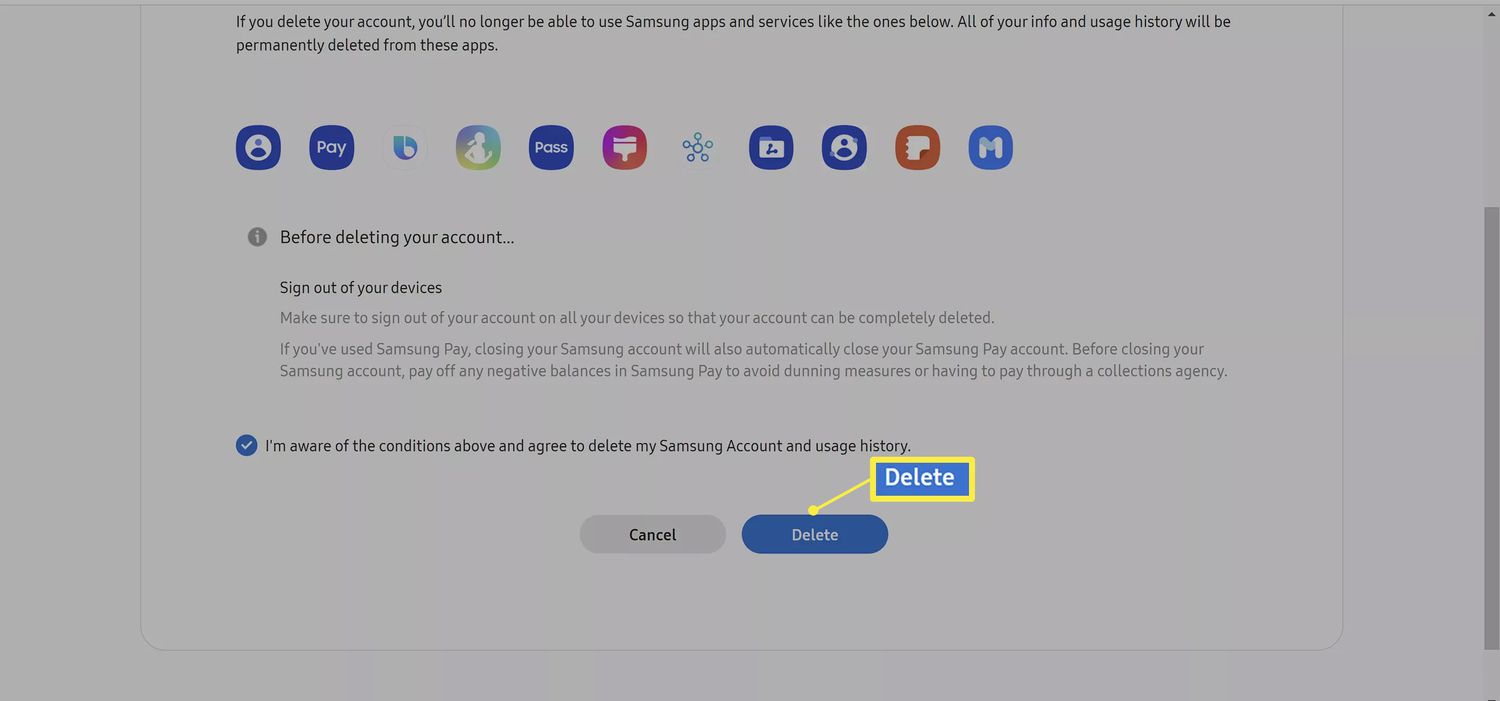 Uma página da conta Samsung com o botão 'Excluir' realçado.