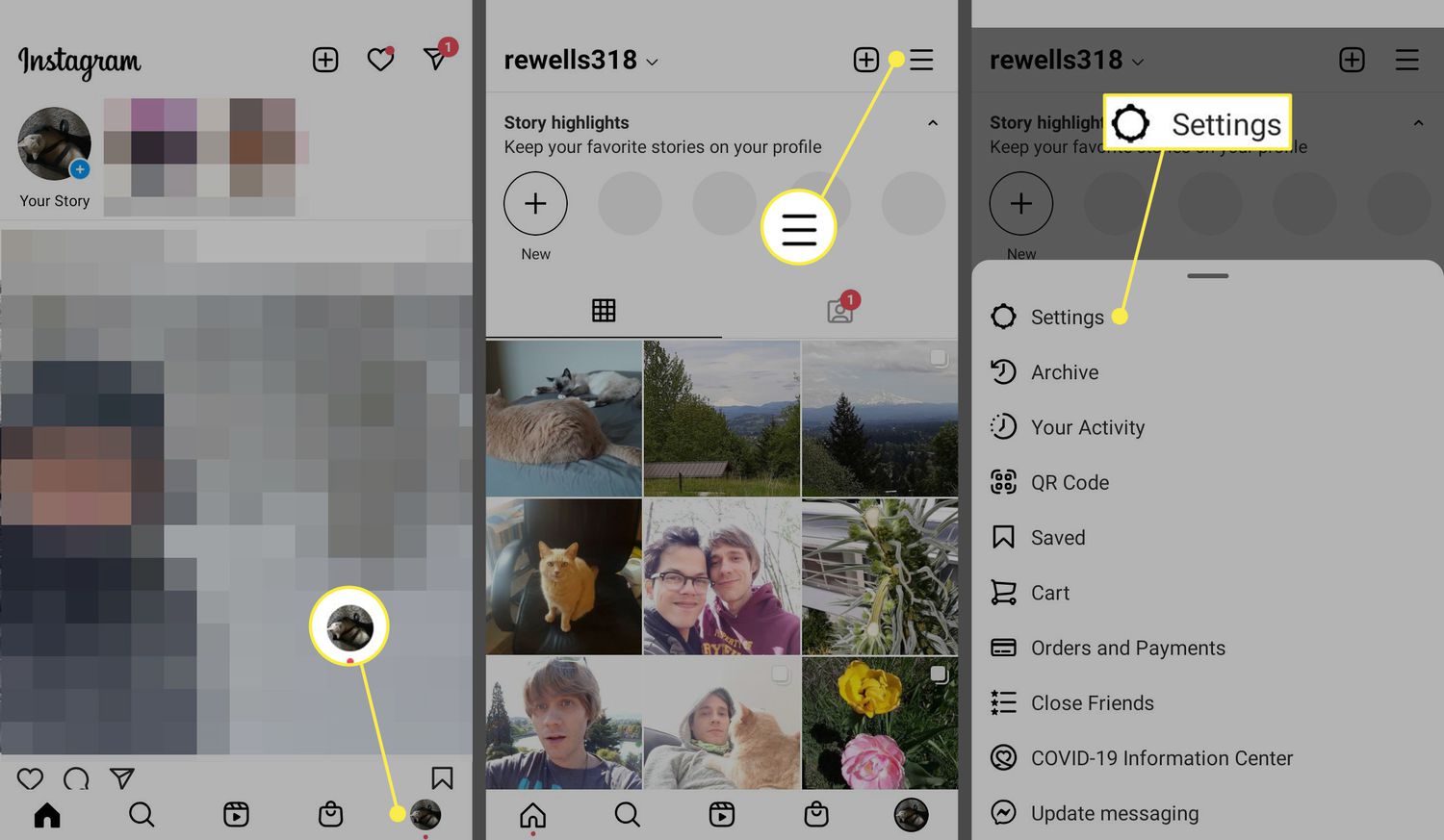 Ícone de perfil, ícone de menu e configuração no aplicativo Instagram