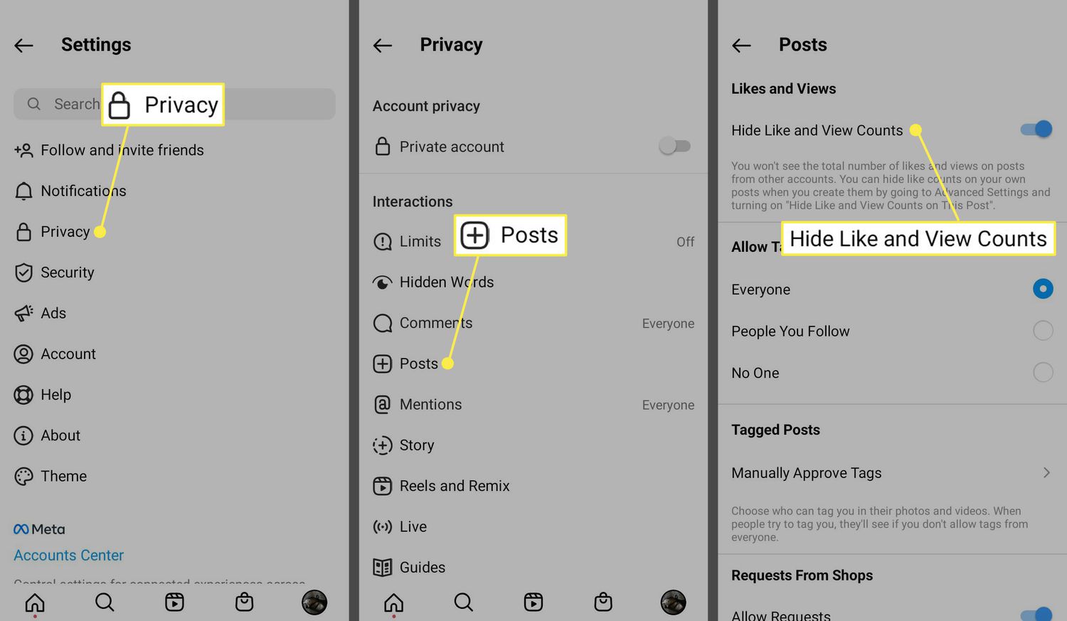 Privacidade, postagens e ocultar contagens de curtidas e visualizações no aplicativo Instagram