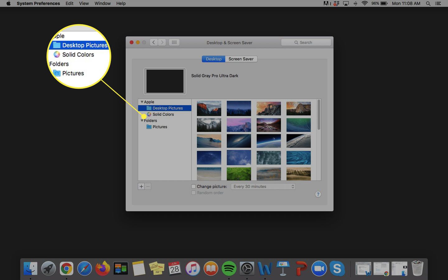 Configurações da área de trabalho e do protetor de tela MacBook com imagens da área de trabalho, cores sólidas e pastas realçadas