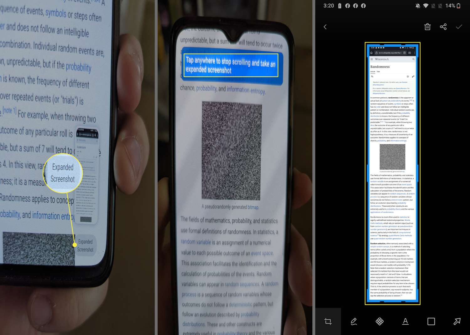 Captura de tela expandida, tela de toque e a aparência da captura de tela expandida quando concluída no OnePlus