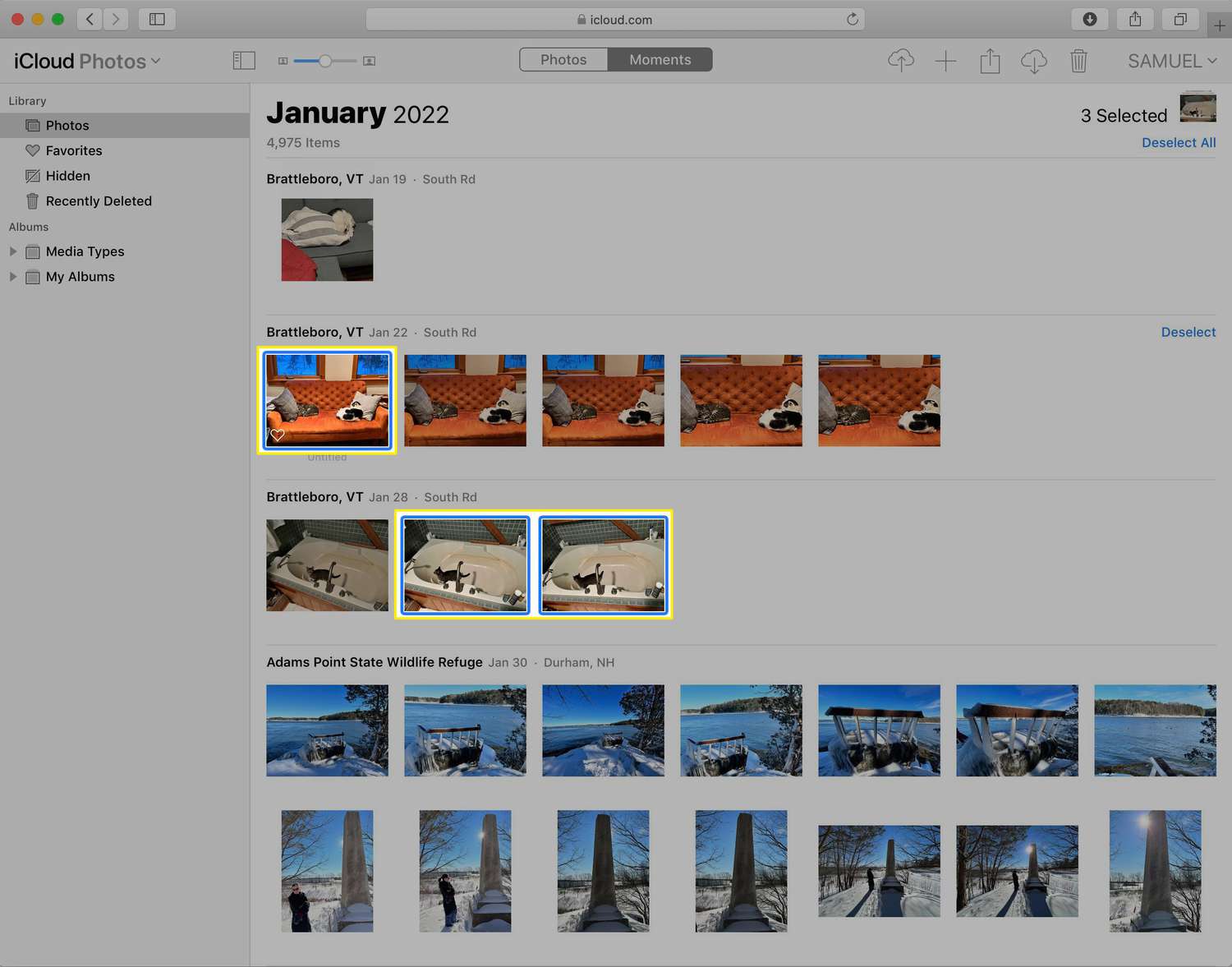 Aplicativo de fotos do iCloud com 2 fotos selecionadas