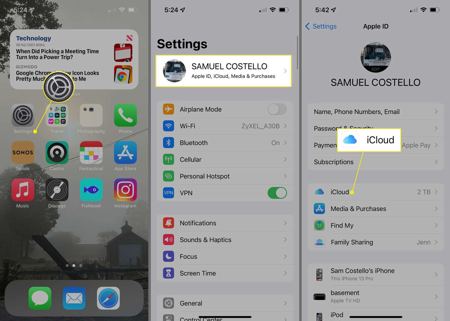 Aplicativo de configurações, Apple ID e iCloud destacados no iPhone