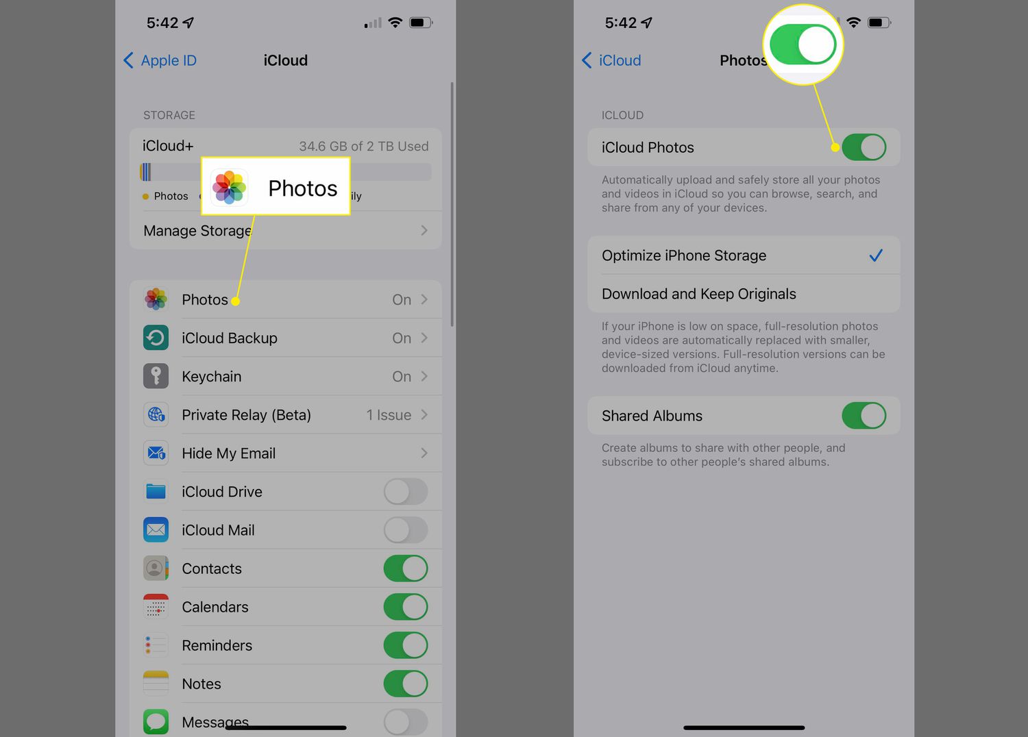 Controle deslizante Fotos e Fotos do iCloud nas configurações do iPhone