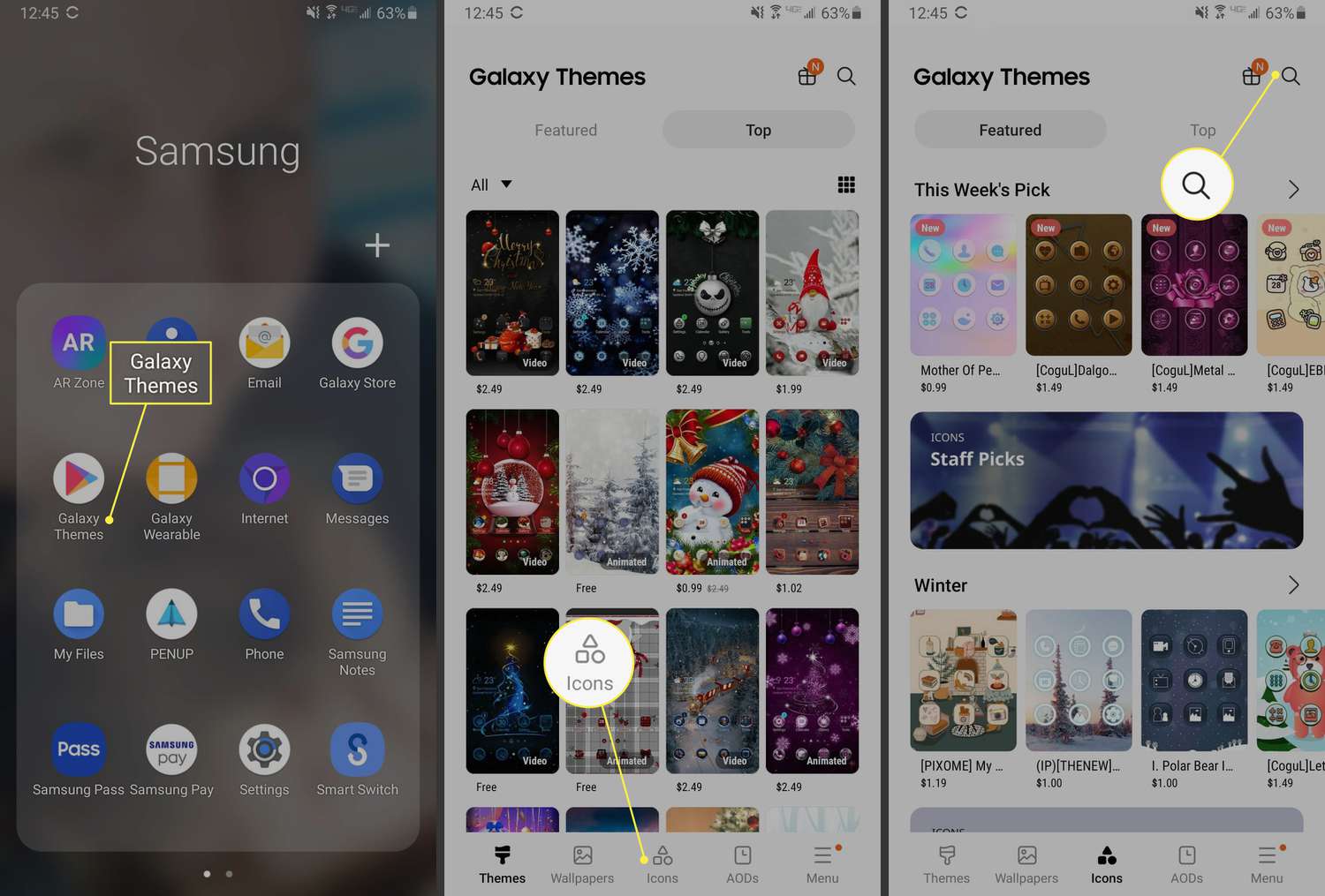 Temas, ícones e pesquisa do Galaxy no telefone Samsung