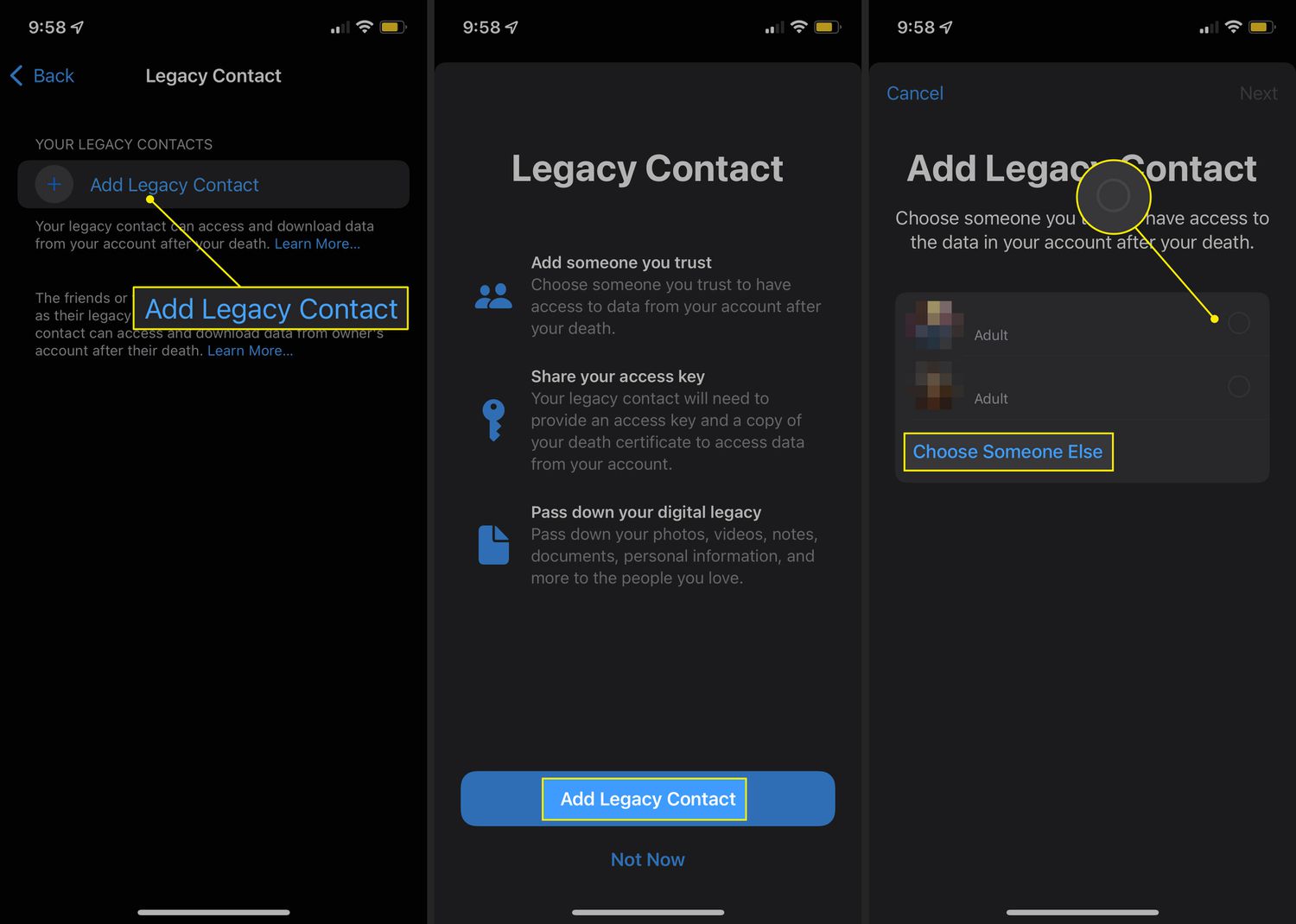 Opções para adicionar contatos herdados em um iPhone