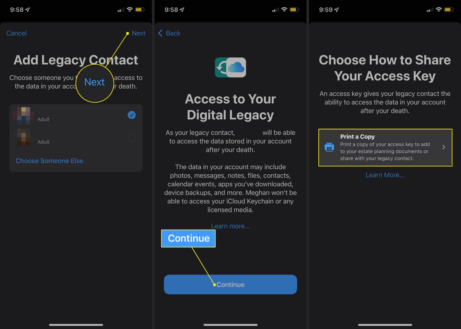 Designando um contato para o Apple Digital Legacy