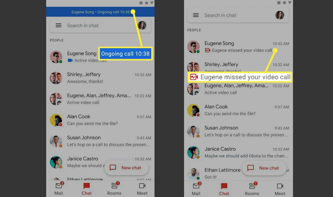 Banner de chamada em andamento e notificação de chamada perdida no aplicativo Gmail para Android