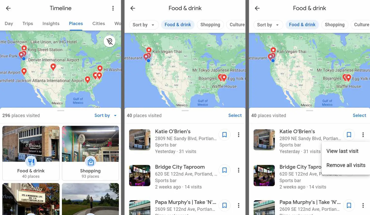 Categorias, menu de três pontos, um aplicativo Remover todas as visitas no Google Maps