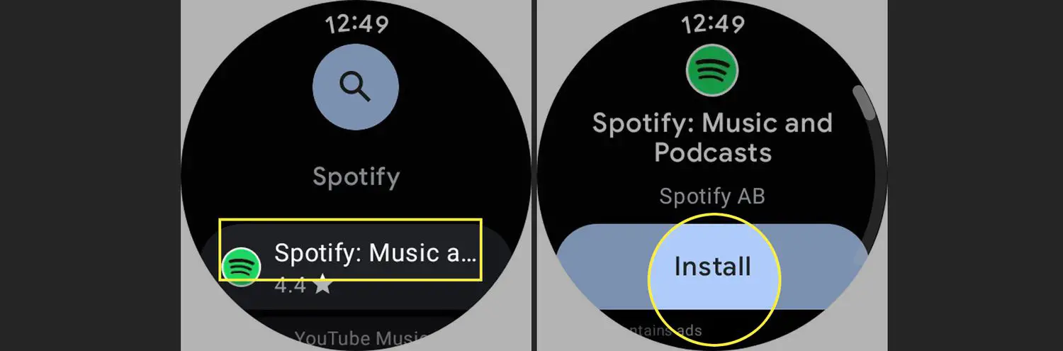 Spotify e Install destacados no Google Play em um relógio Galaxy.