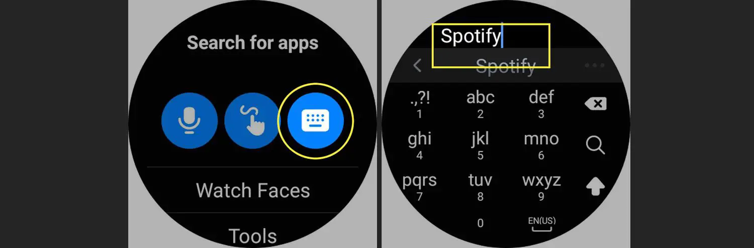 O ícone do teclado destacado no Google Play em um relógio Galaxy e o Spotify destacado na Pesquisa