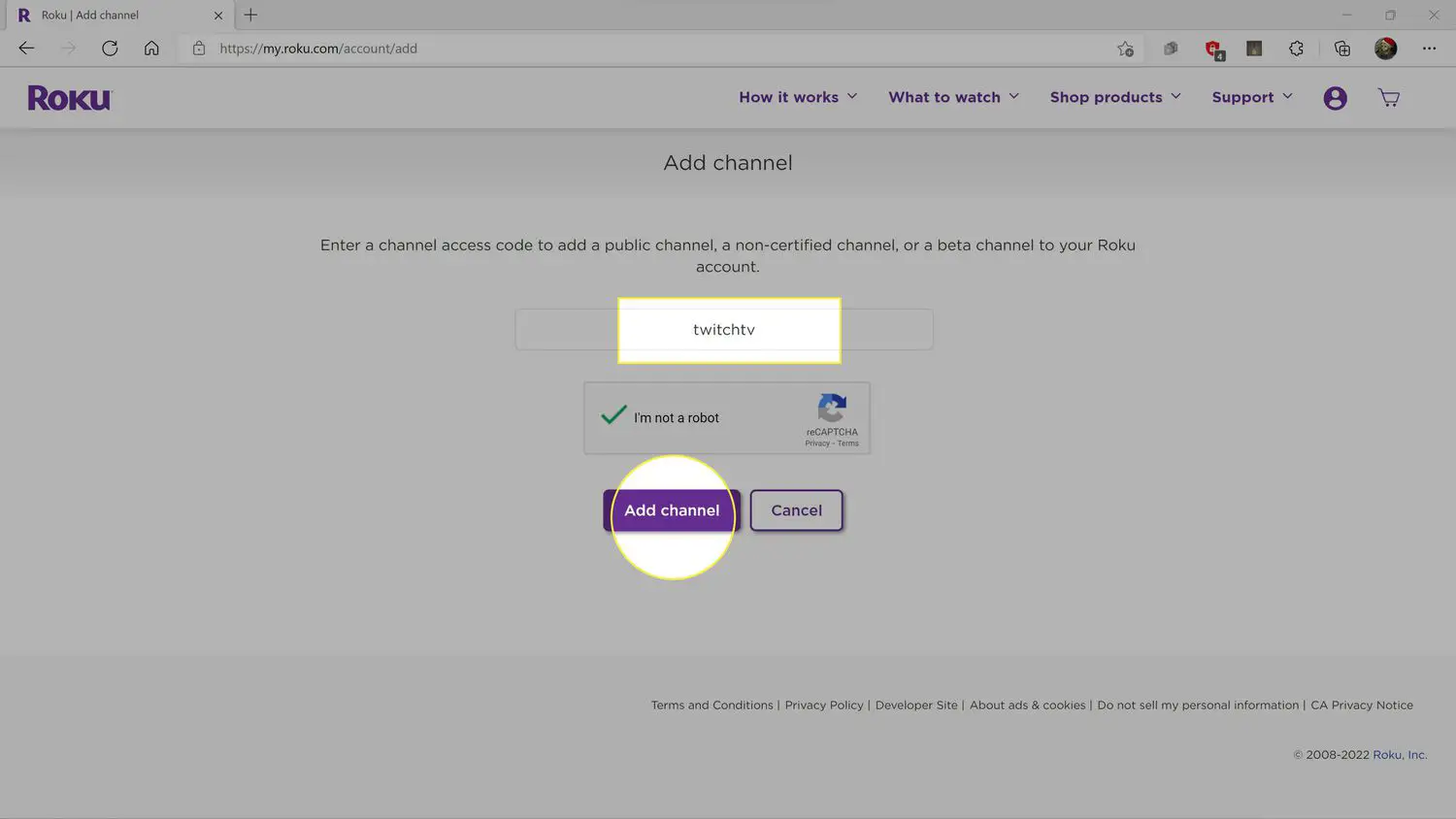 Roku adicionar função de canal com Twitch TV e Adicionar canal em destaque
