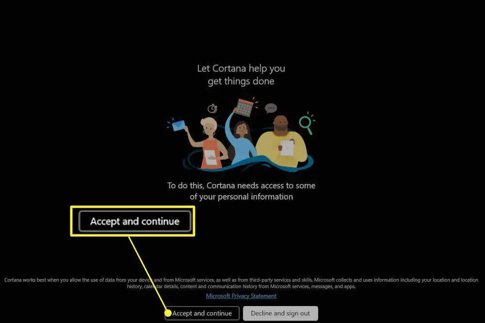 Aplicativo Cortana no Windows 11 com a tela de aviso de privacidade exibida e "Aceitar e continuar" realçado