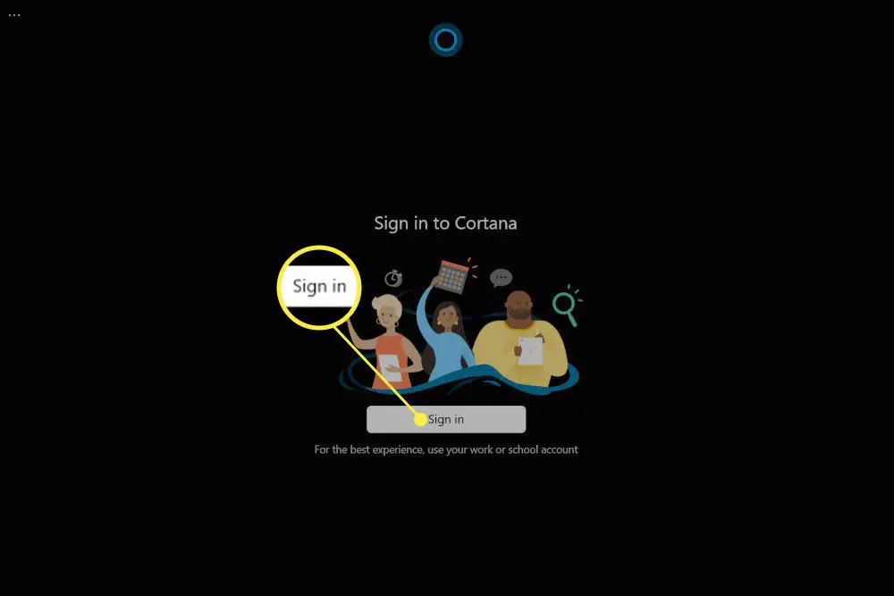 Aplicativo Cortana no Windows 11 com a tela Entrar realçada.
