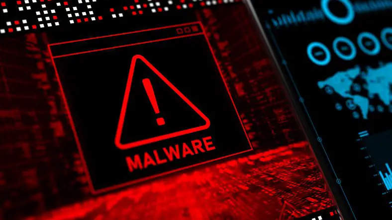 Tela de advertência detectada por malware com código binário abstrato