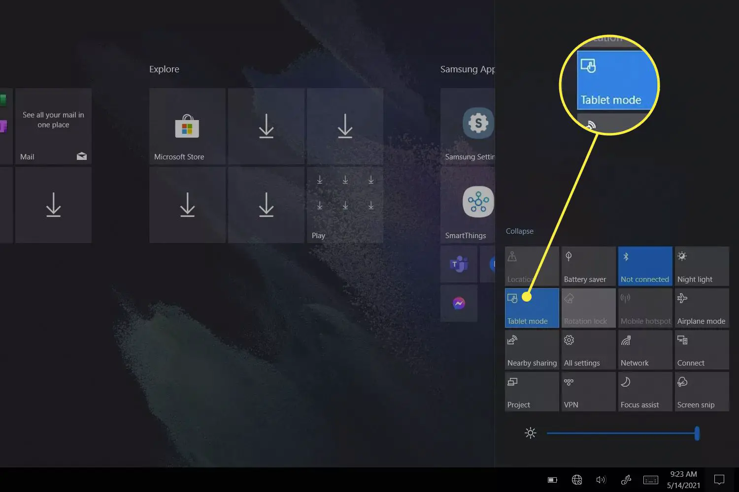 A opção do modo tablet na Central de Ações do Windows 10.