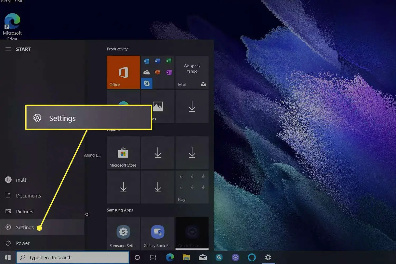 O menu Iniciar do Windows 10 é aberto com Configurações selecionadas.