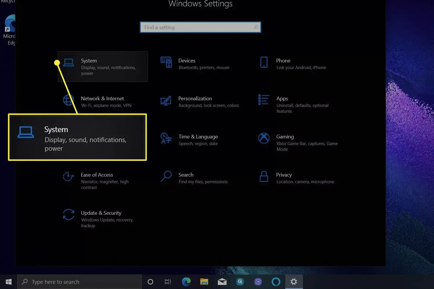 O menu Configurações do Windows 10 com Sistema realçado.