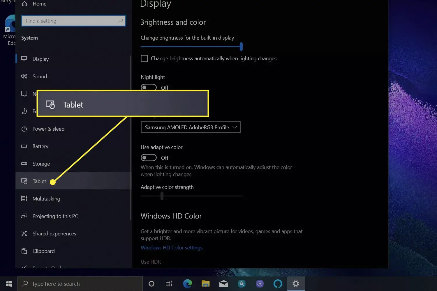 Tablet destacado nas configurações de exibição no Windows 10.