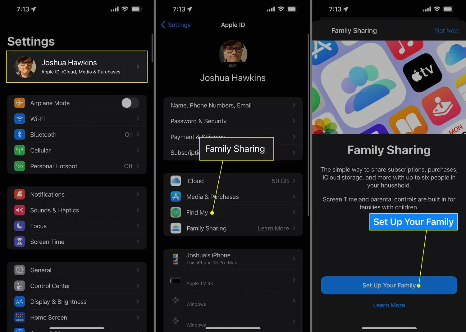 Apple ID, Compartilhamento Familiar e Configurar sua família nas configurações do iPhone