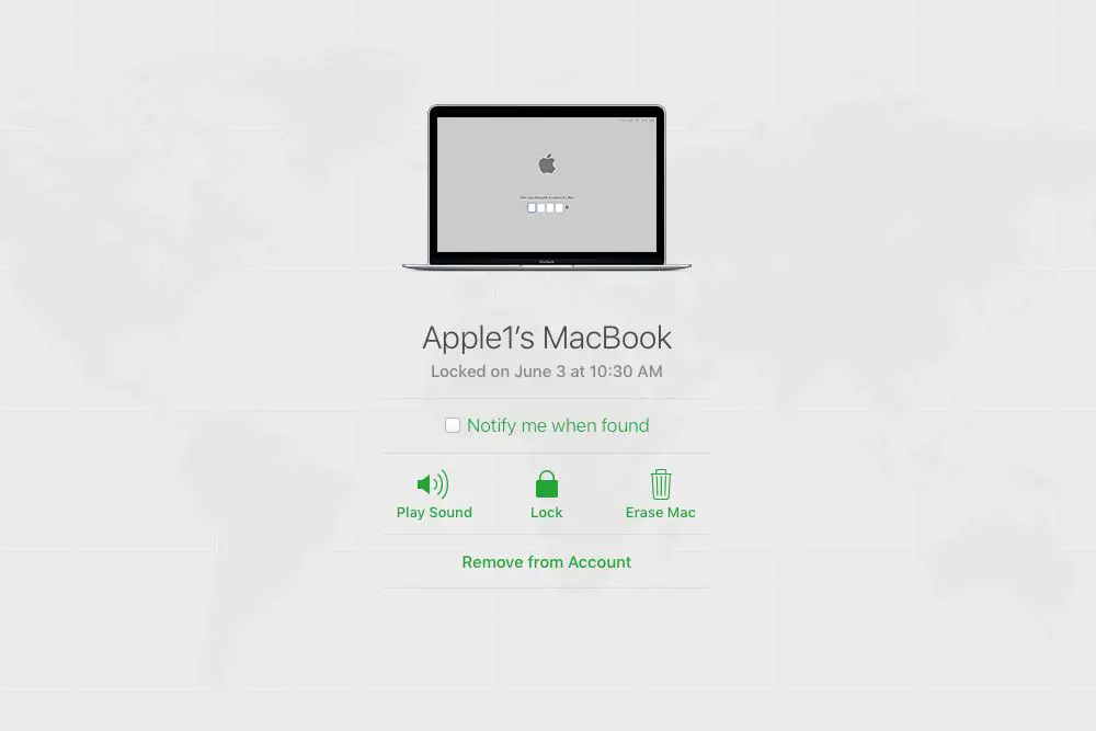 Uma captura de tela do aplicativo Find iPhone aberto com um Mac selecionado.