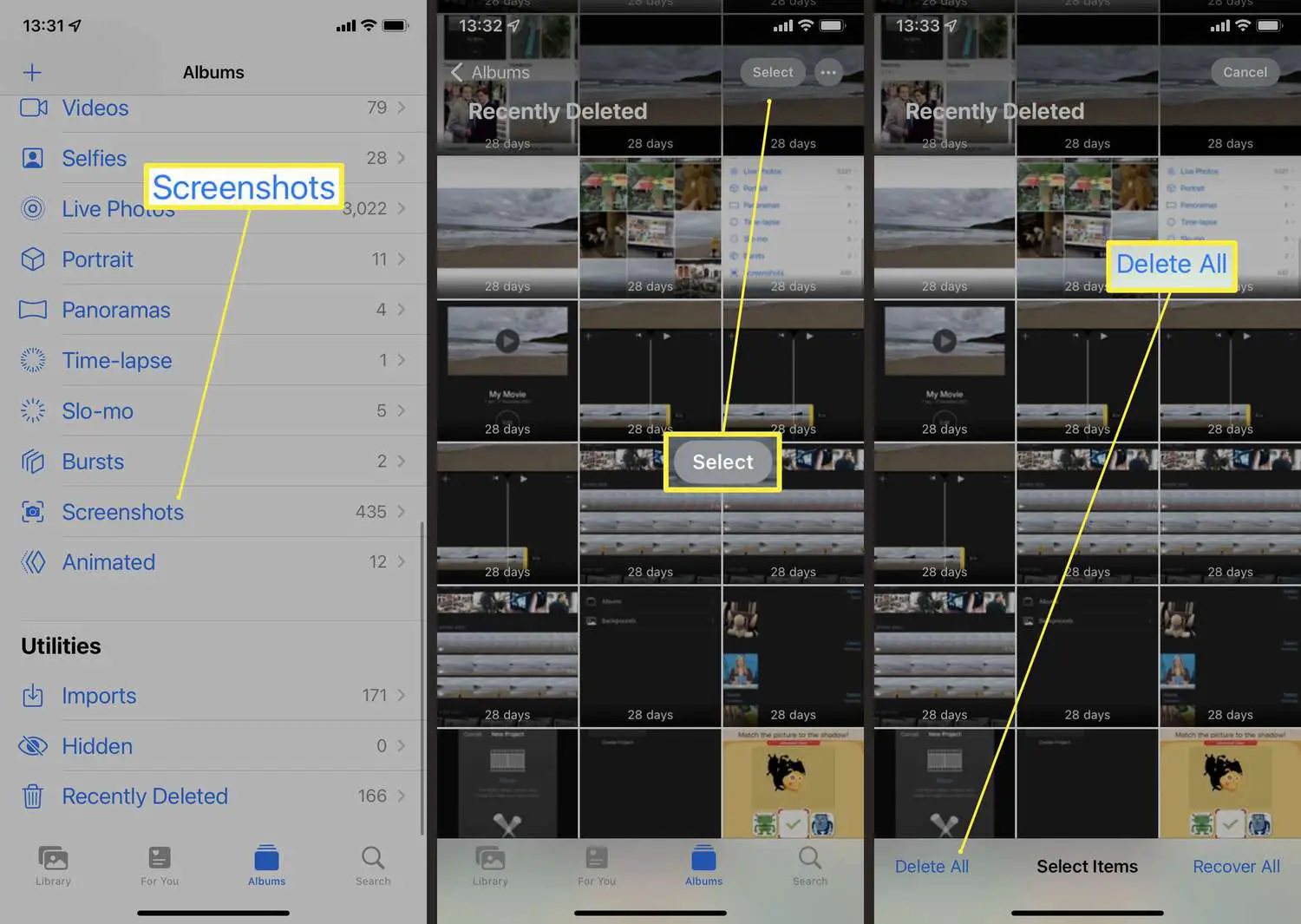 Etapas necessárias no aplicativo iOS Photos para excluir todas as fotos e capturas de tela excluídas recentemente.
