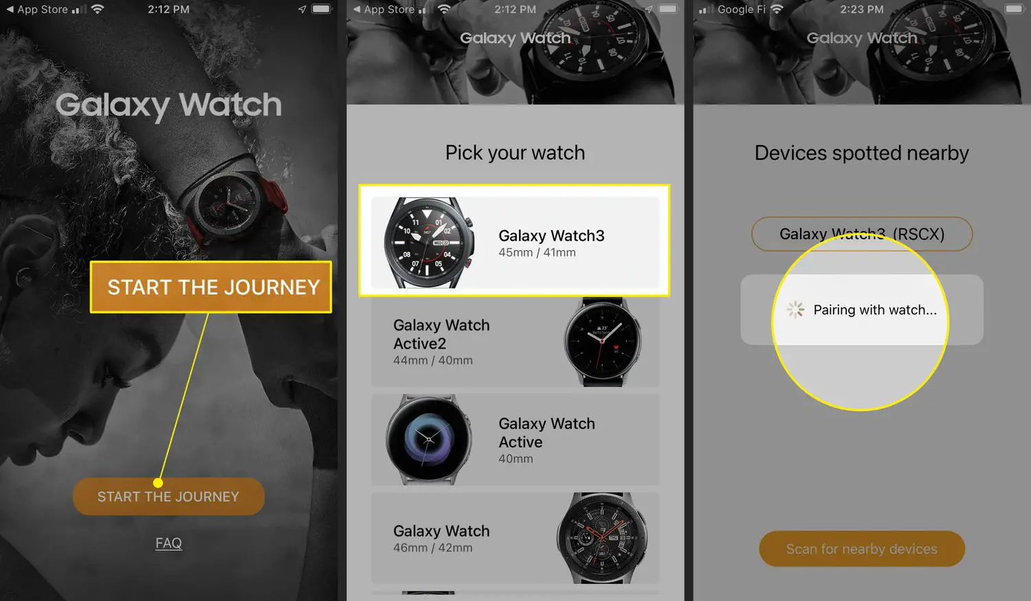 INICIE A JORNADA destacado no aplicativo Galaxy Watch para iPhone, Galaxy Watch 3 destacado na seleção de relógios e um Galaxy Watch emparelhado com um iPhone.