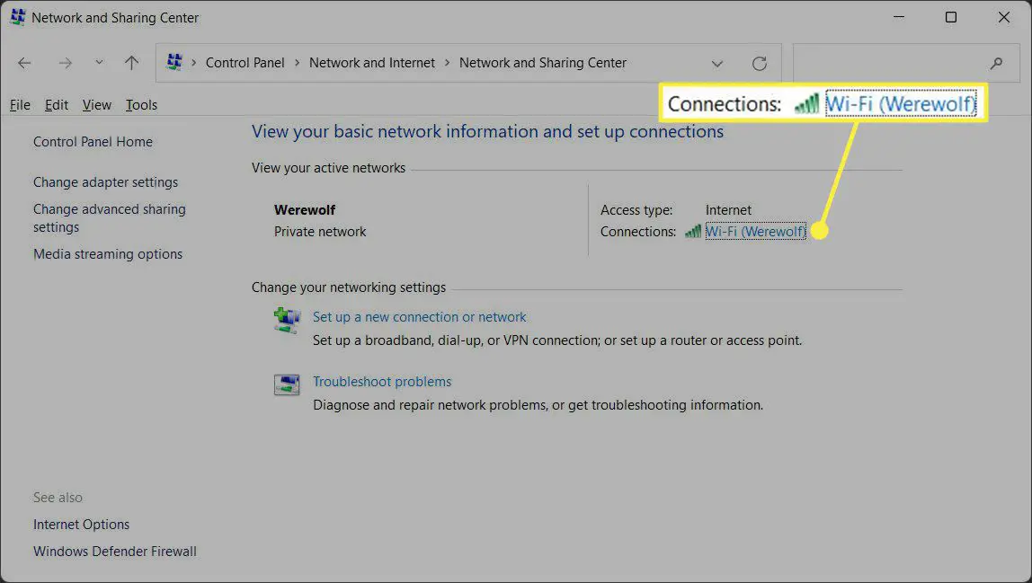 Conexões: Wi-Fi destacado na Central de Rede e Compartilhamento do Windows
