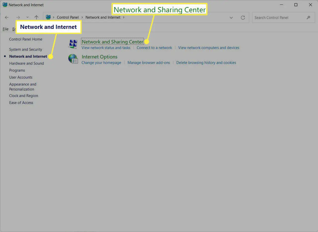 Rede e Internet e Centro de Rede e Compartilhamento no Painel de Controle do Windows