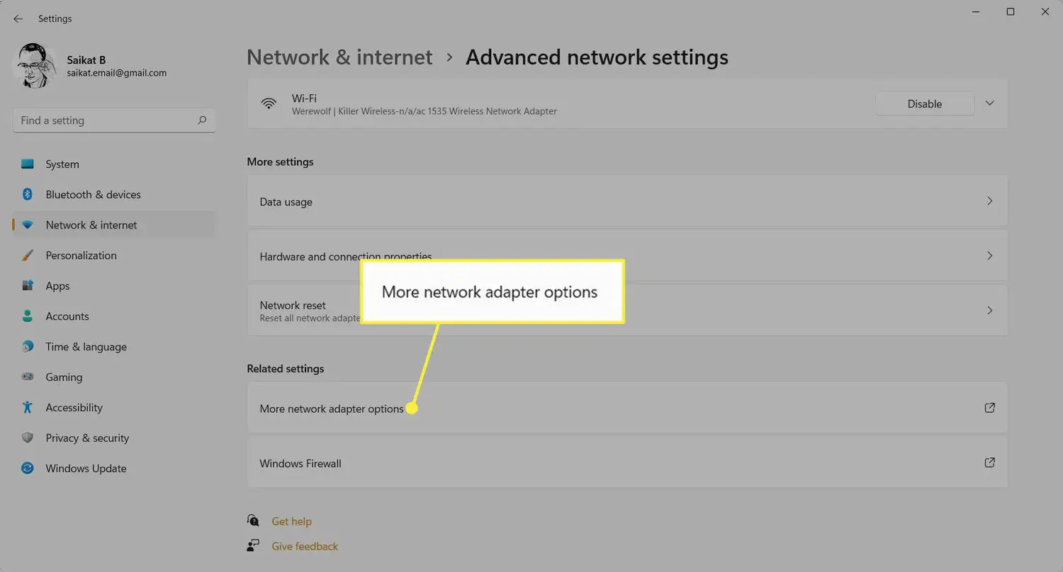 Mais opções de adaptador de rede