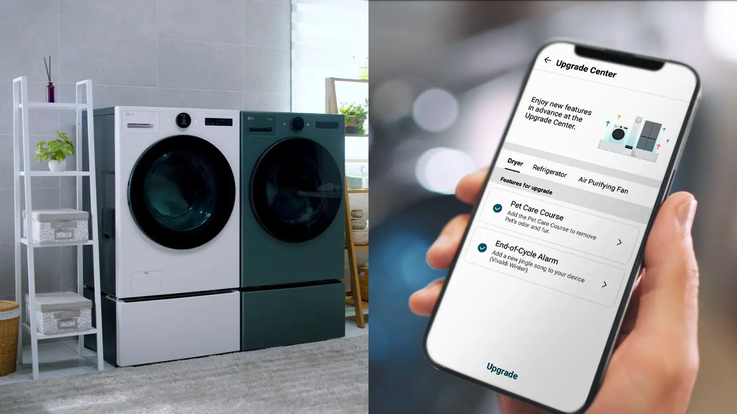 Máquina de lavar/secar roupa atualizável da LG com um smartphone pronto para enviar uma atualização